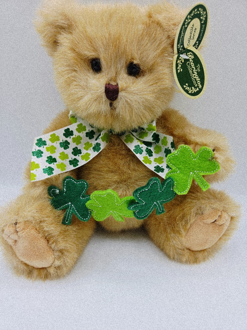 Plush Tan Bear with Green Shamrock Bow and Garland